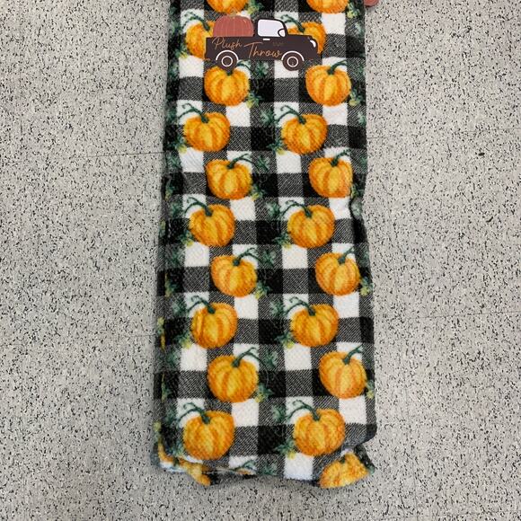 Orange Pumpkin Black White Buffalo Plaid Fall Farmhouse Autumn Harvest Blanket - Picture 3 of 10